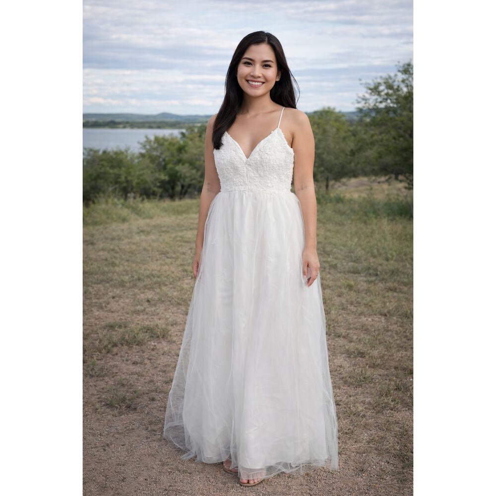 White Floral Lace Tulle Maxi Dress V-Neck Spaghetti Strap Bridal Gown M